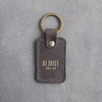Rejoice Phil. 4:4 Country Gray handcrafted leather keychain, Christian scripture gift