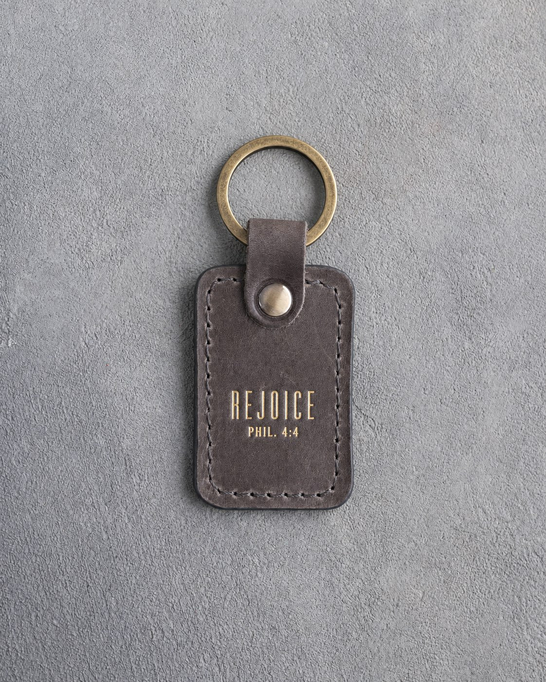 Rejoice Phil. 4:4 Country Gray handcrafted leather keychain, Christian scripture gift