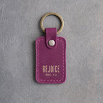 Rejoice Phil. 4:4 Fuchsia handcrafted leather keychain, Christian scripture gift