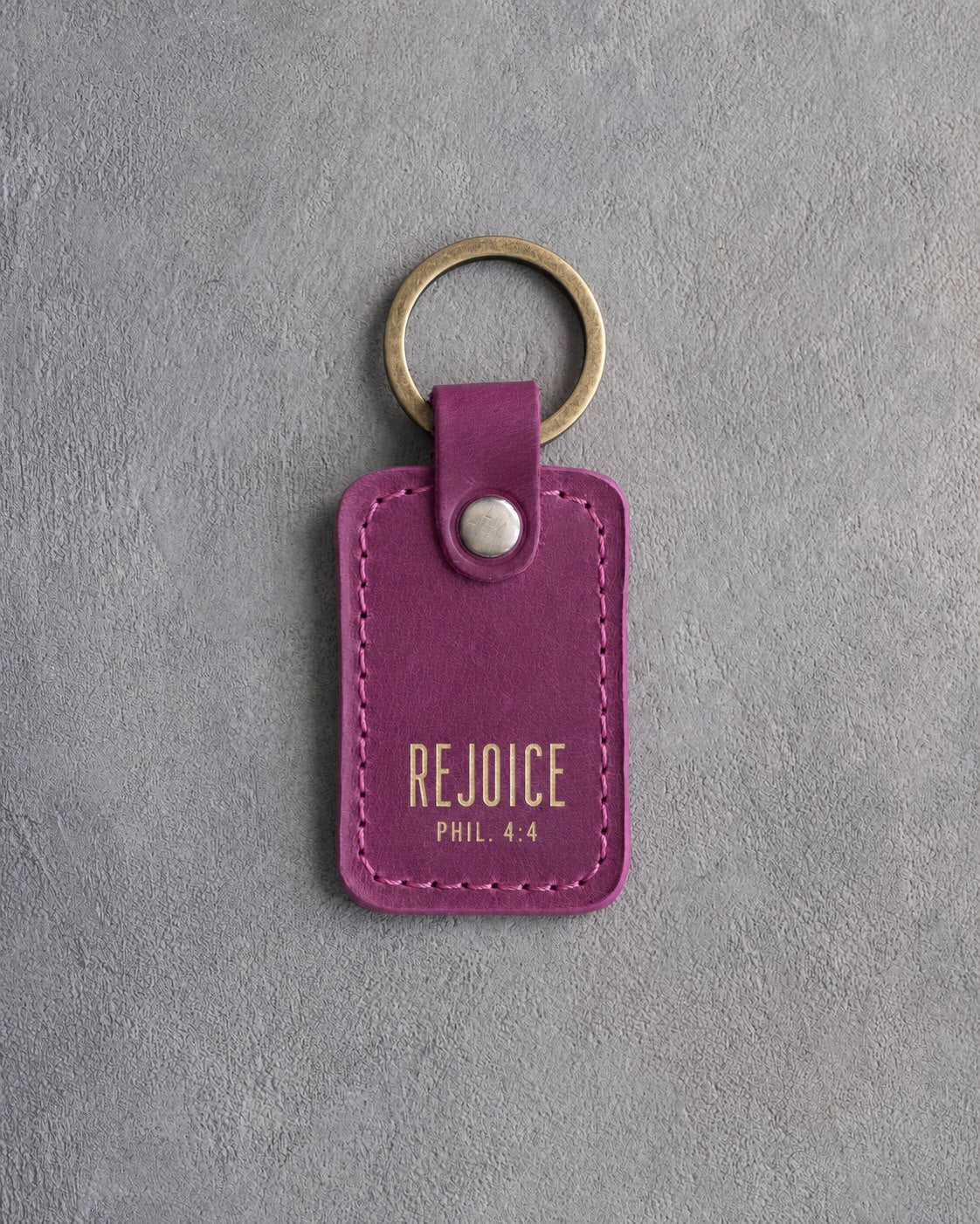 Rejoice Phil. 4:4 Fuchsia handcrafted leather keychain, Christian scripture gift