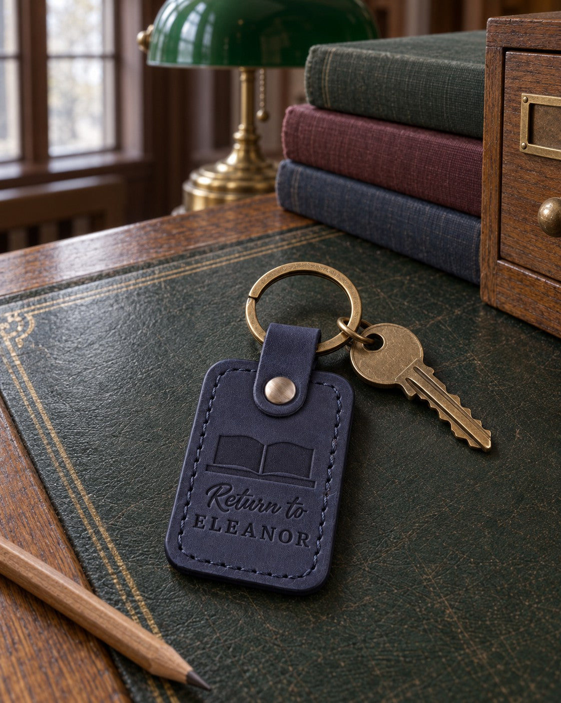 Navy Return to ELEANOR keychain on a stack of borrowed paperbacks by a front door