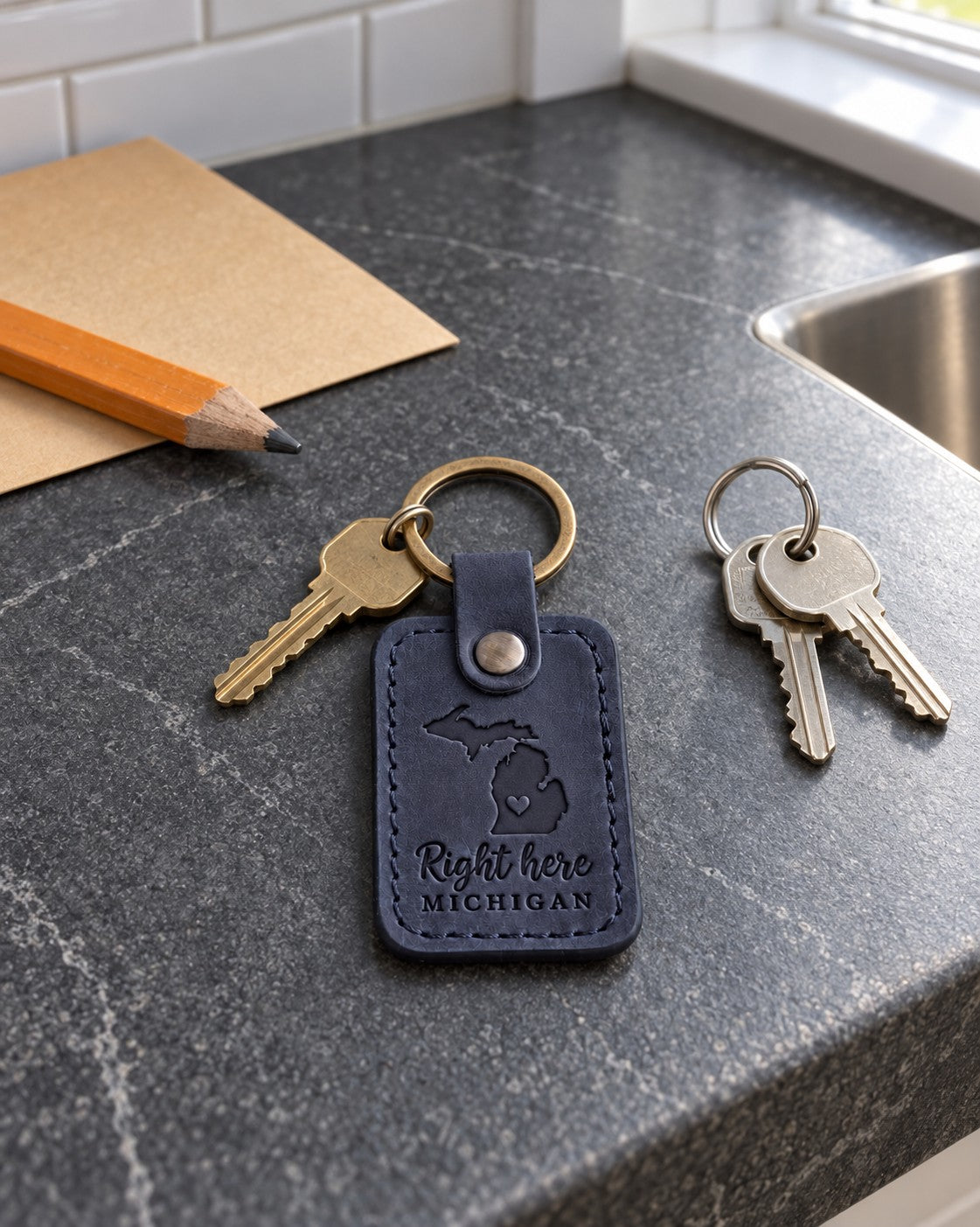 Navy Right Here Michigan keychain held in an open palm beside a lake shore on a cool morning