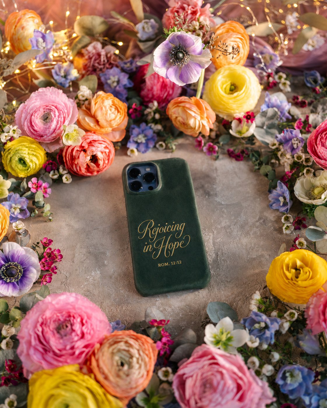 Rejoicing In Hope Rom. 12:12 handcrafted leather iPhone case, Christian scripture gift
