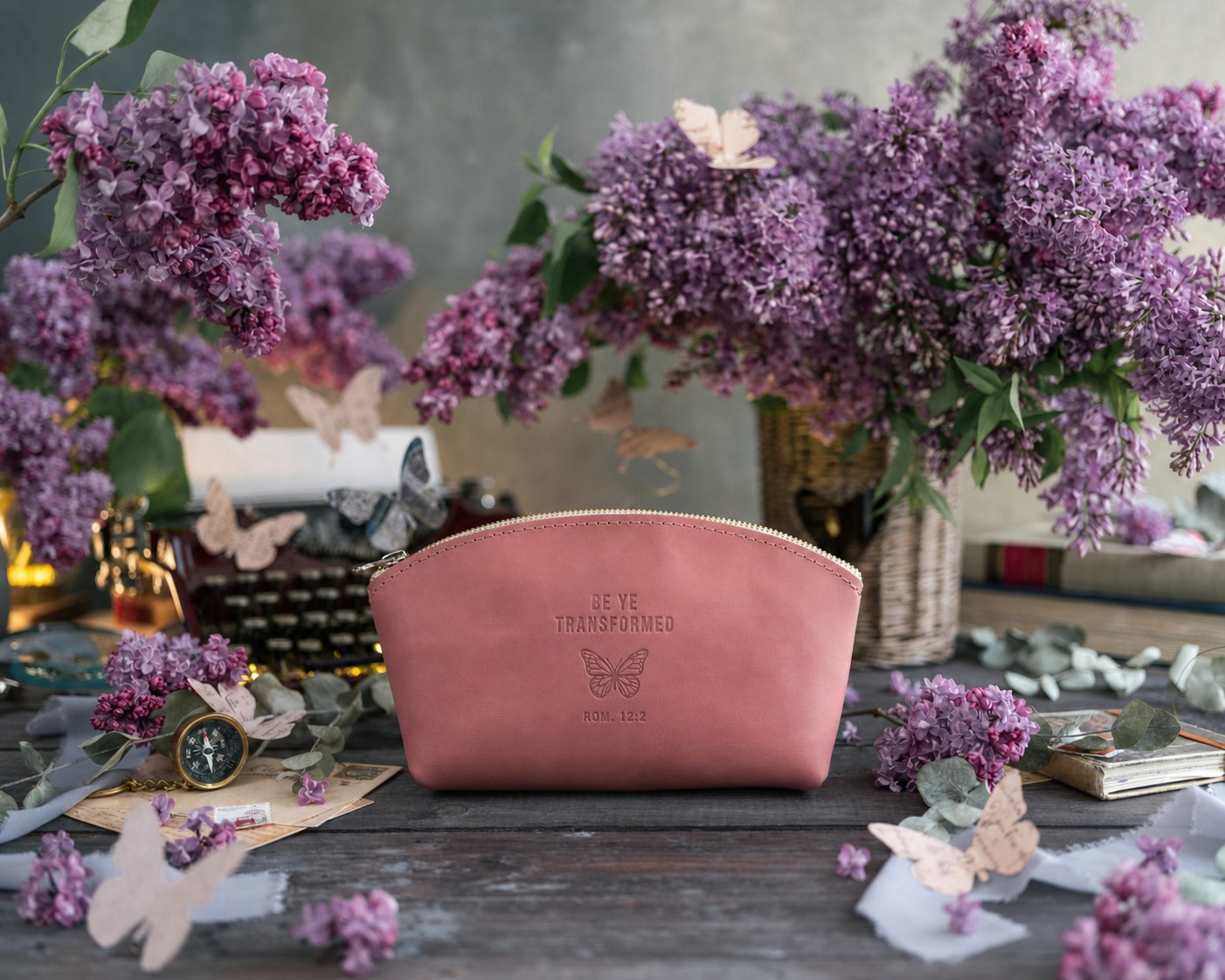 Be Ye Transformed Rom. 12:2 full-grain leather makeup bag, Christian scripture gift