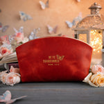 Be Ye Transformed Rom. 12:2 Poppy Red full-grain leather makeup bag, Christian scripture gift
