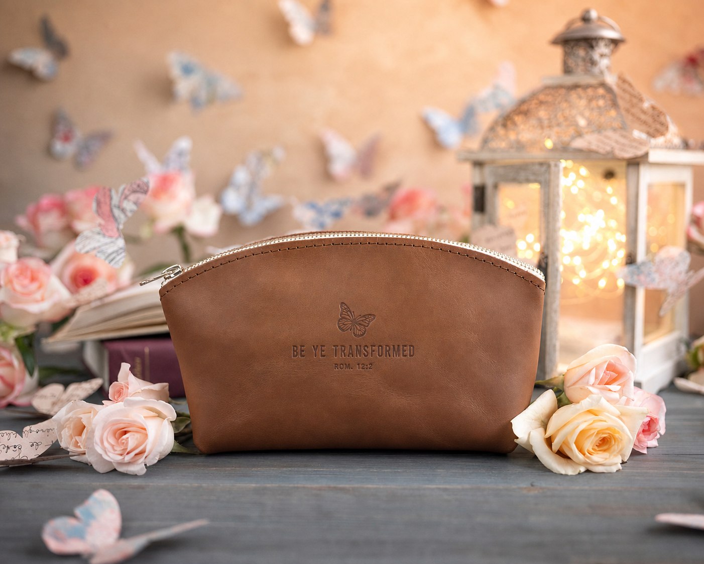 Be Ye Transformed Rom. 12:2 full-grain leather makeup bag, Christian scripture gift
