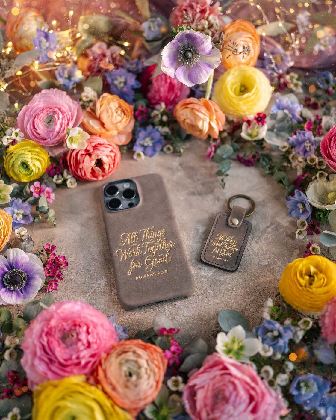 Rom. 8:28 handcrafted leather iPhone case, Christian scripture gift