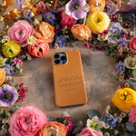 Rom. 8:28 handcrafted leather iPhone case, Christian scripture gift