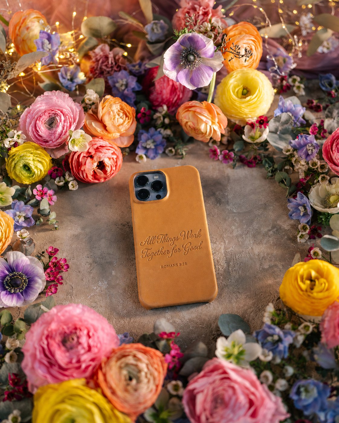 Rom. 8:28 handcrafted leather iPhone case, Christian scripture gift