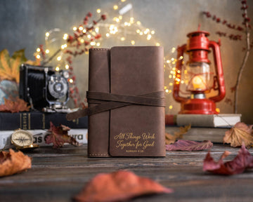 Romans 8:28 leather journal – bible verse christian gift