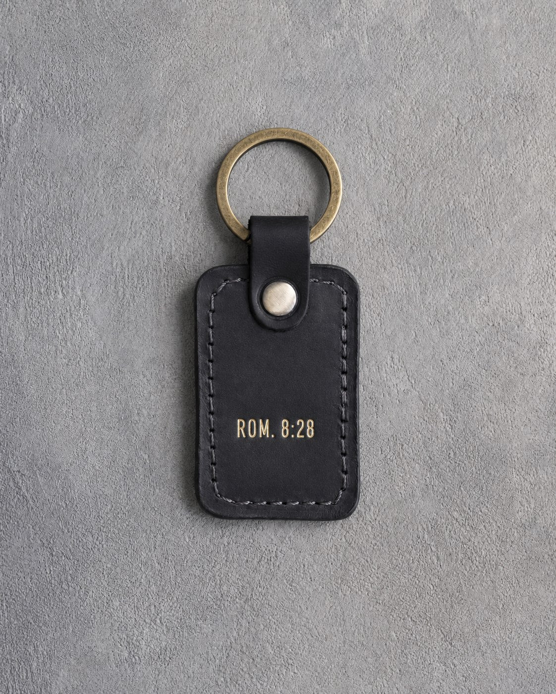 Rom. 8:28 Black handcrafted leather keychain, Christian scripture gift