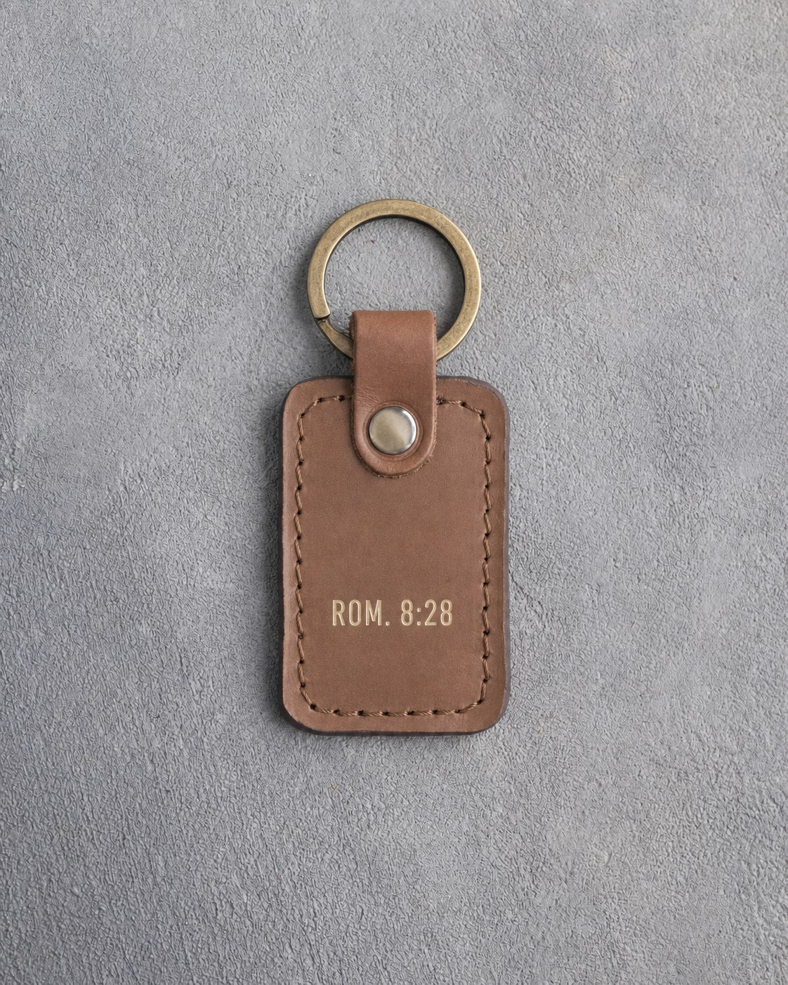 Rom. 8:28 Caramel handcrafted leather keychain, Christian scripture gift