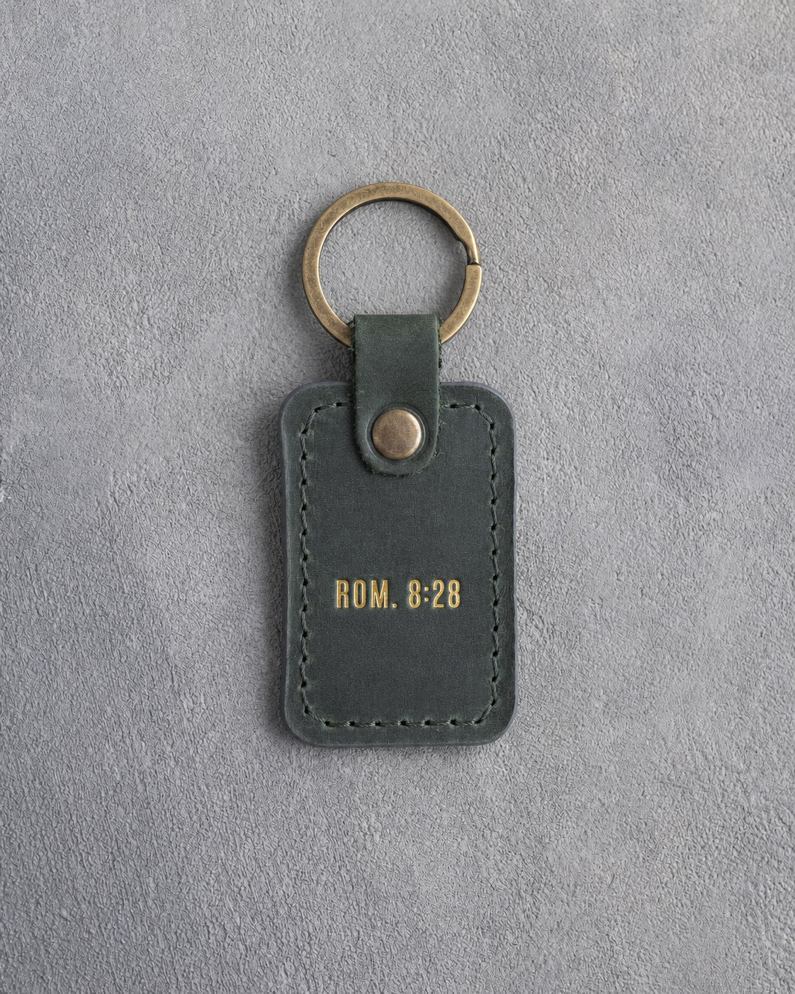 Rom. 8:28 Forest Green handcrafted leather keychain, Christian scripture gift