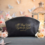 Rom. 8:28 Black full-grain leather makeup bag, Christian scripture gift