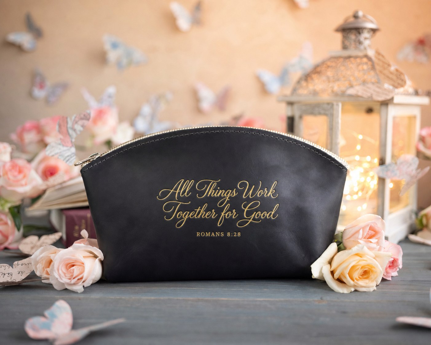 Rom. 8:28 Black full-grain leather makeup bag, Christian scripture gift