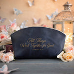 Rom. 8:28 Blueberry full-grain leather makeup bag, Christian scripture gift