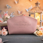 Rom. 8:28 Blush full-grain leather makeup bag, Christian scripture gift
