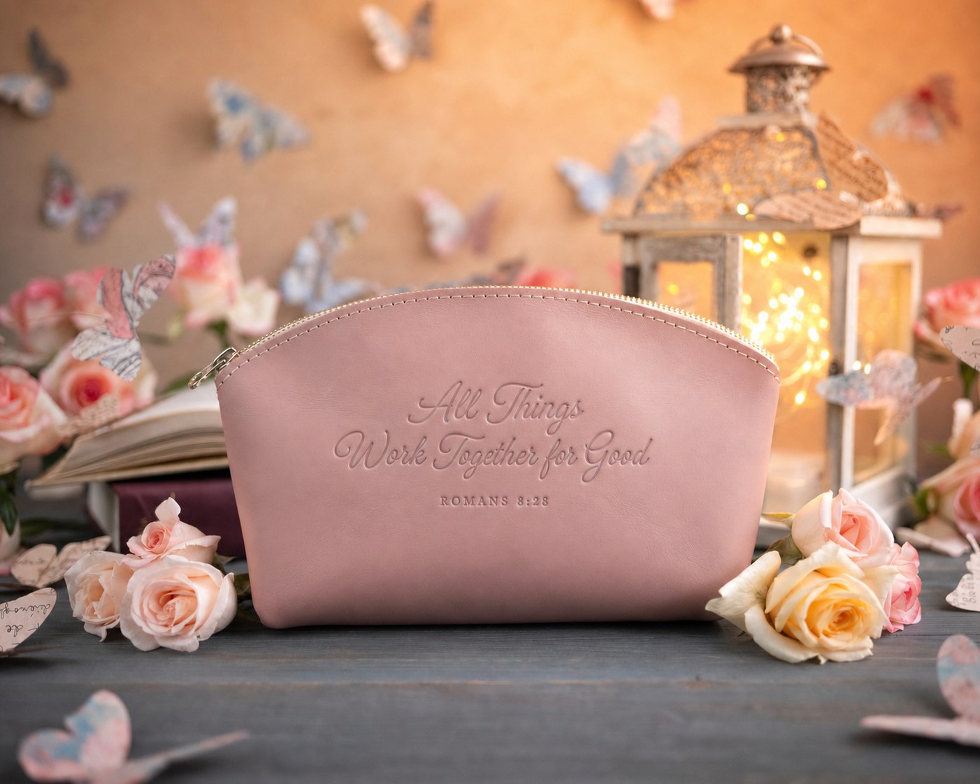 Rom. 8:28 Blush full-grain leather makeup bag, Christian scripture gift