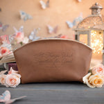Rom. 8:28 Caramel full-grain leather makeup bag, Christian scripture gift