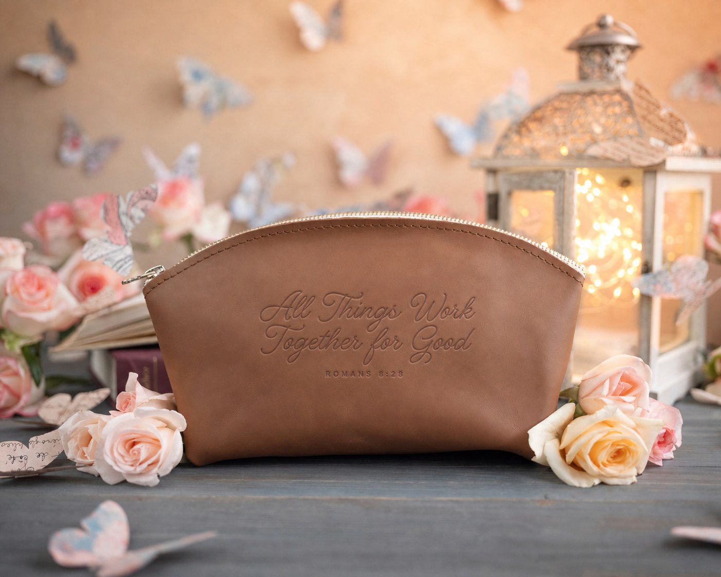 Rom. 8:28 Caramel full-grain leather makeup bag, Christian scripture gift