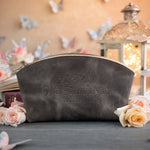 Rom. 8:28 Country Gray full-grain leather makeup bag, Christian scripture gift
