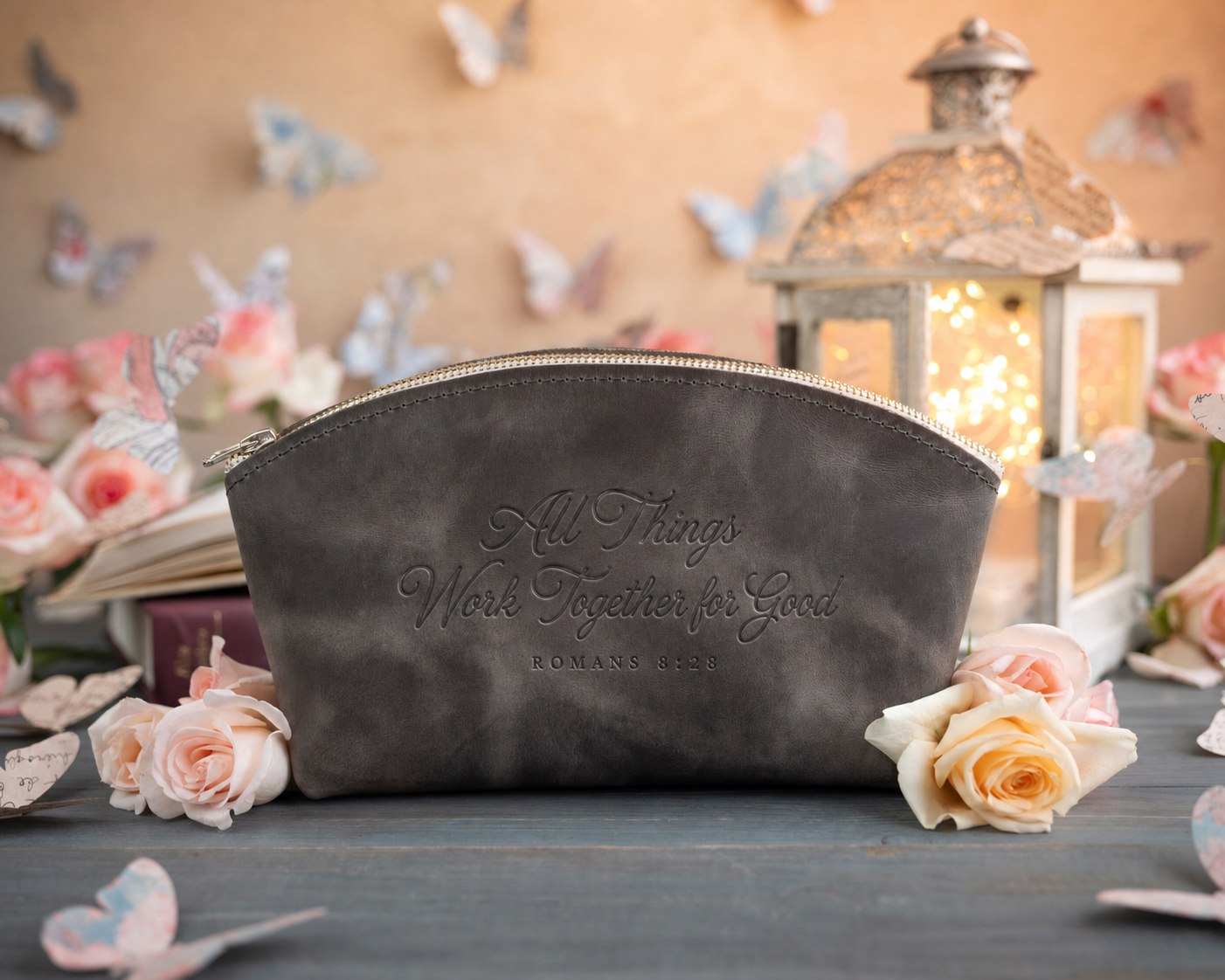 Rom. 8:28 Country Gray full-grain leather makeup bag, Christian scripture gift