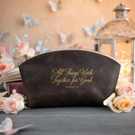 Rom. 8:28 Dark Espresso full-grain leather makeup bag, Christian scripture gift