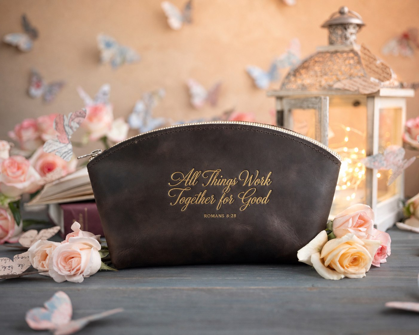 Rom. 8:28 Dark Espresso full-grain leather makeup bag, Christian scripture gift