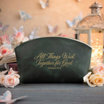 Rom. 8:28 Forest Green full-grain leather makeup bag, Christian scripture gift