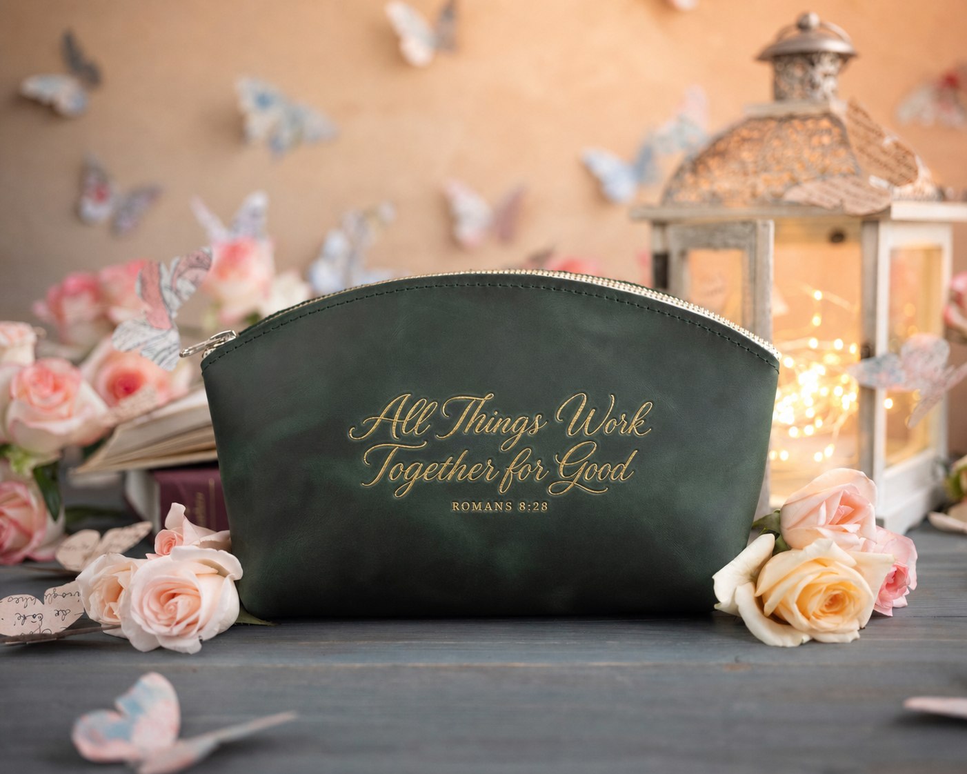 Rom. 8:28 Forest Green full-grain leather makeup bag, Christian scripture gift