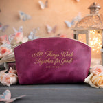 Rom. 8:28 Fuchsia full-grain leather makeup bag, Christian scripture gift