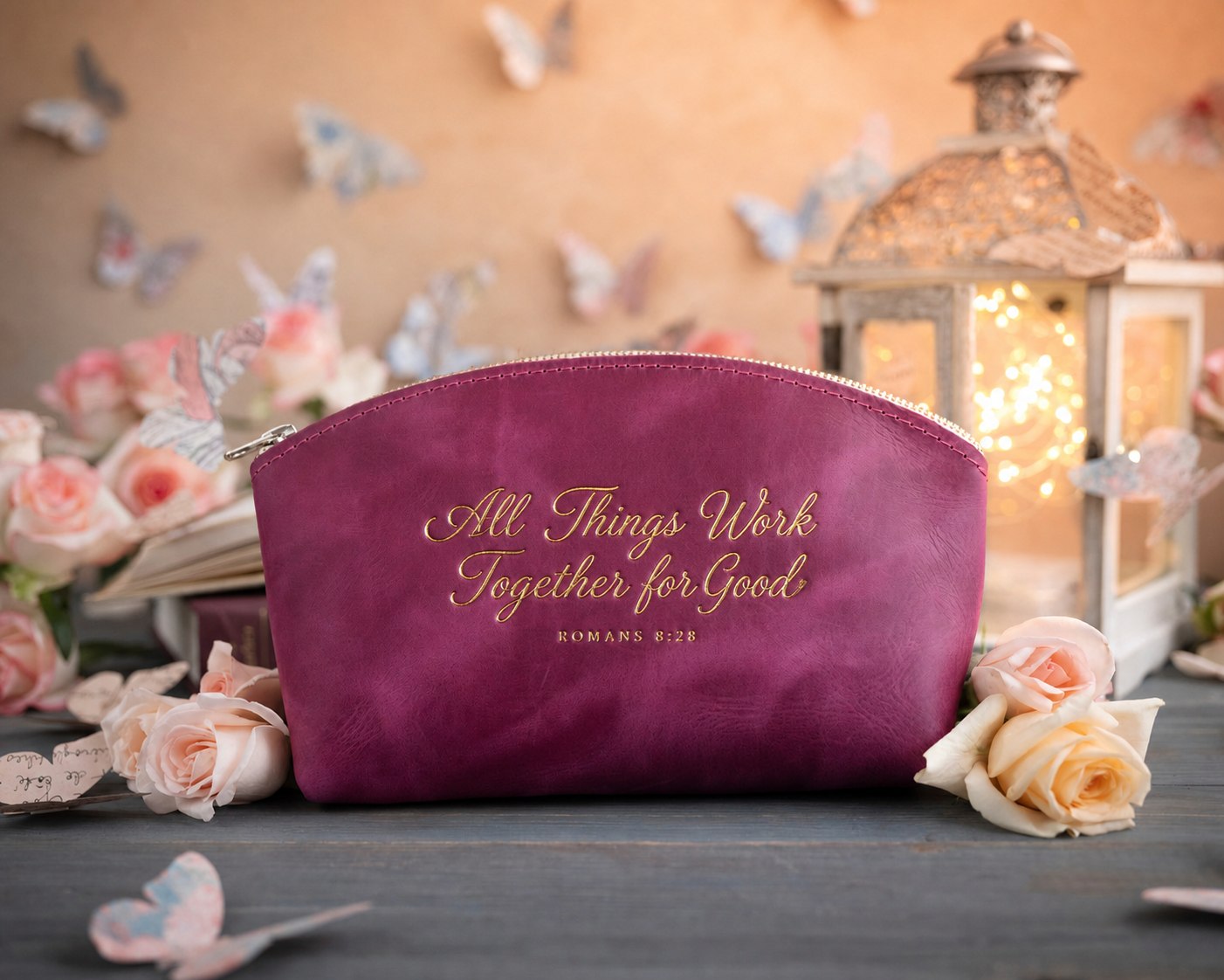 Rom. 8:28 Fuchsia full-grain leather makeup bag, Christian scripture gift