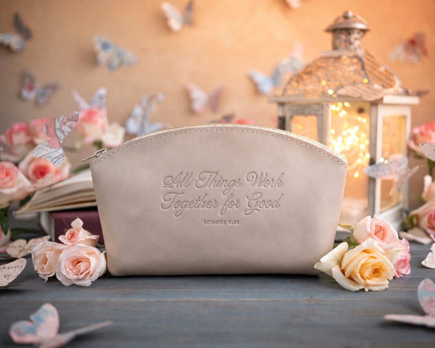 Rom. 8:28 Gray Sand full-grain leather makeup bag, Christian scripture gift