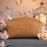 Rom. 8:28 Indian Summer full-grain leather makeup bag, Christian scripture gift