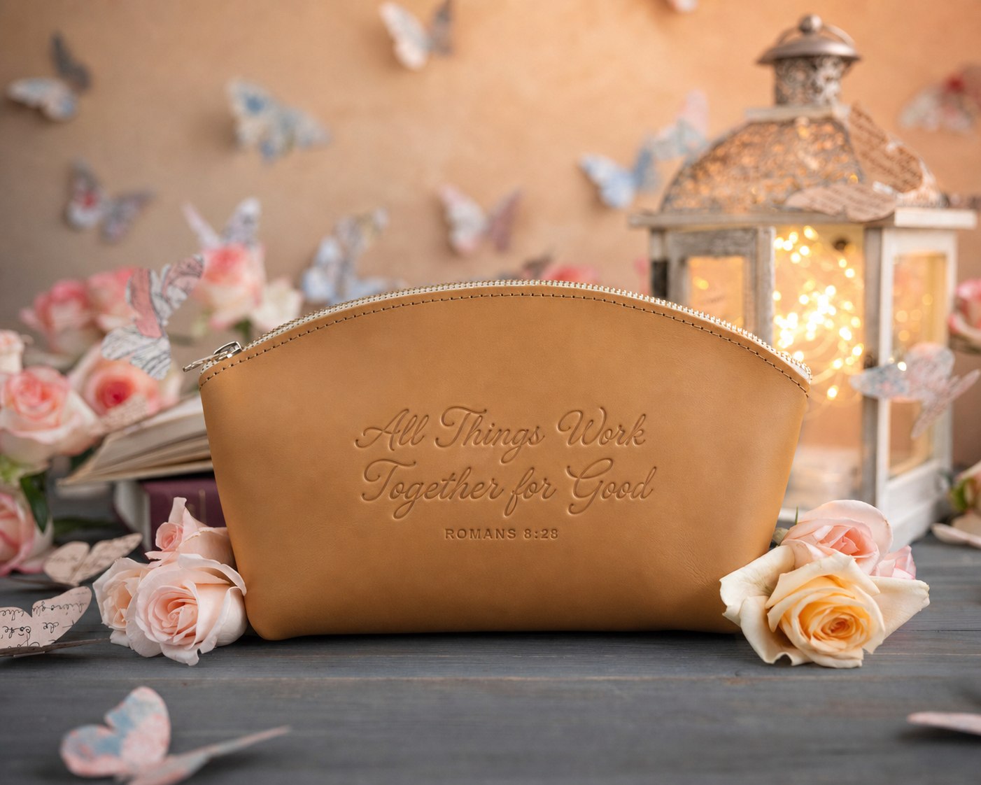 Rom. 8:28 Indian Summer full-grain leather makeup bag, Christian scripture gift