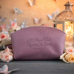 Rom. 8:28 Lilac full-grain leather makeup bag, Christian scripture gift