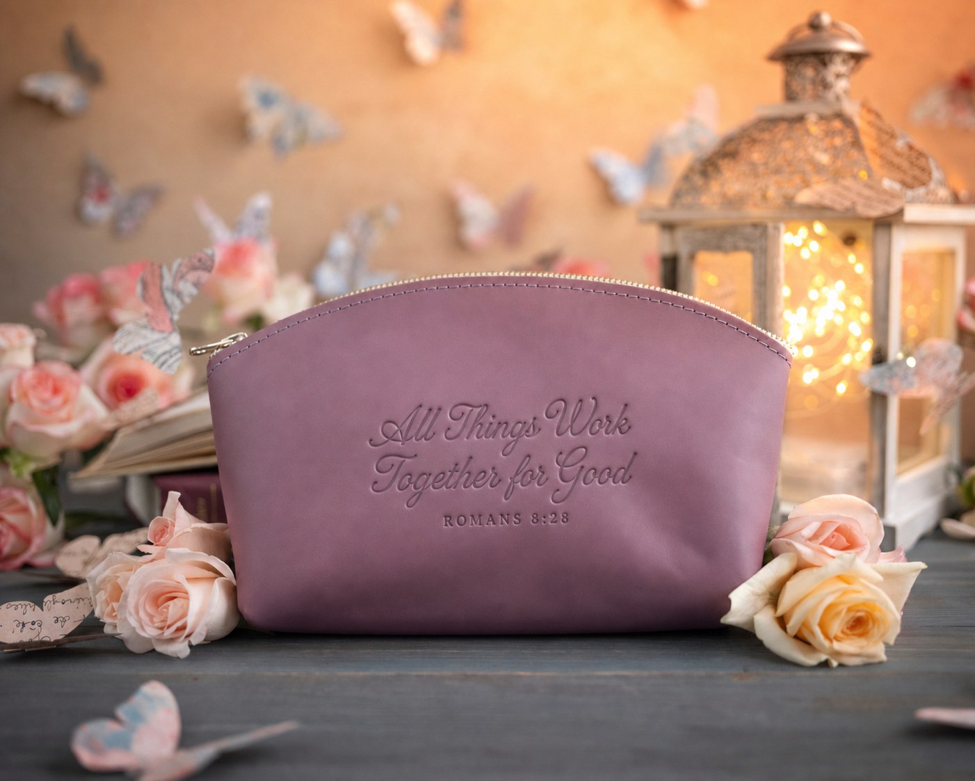 Rom. 8:28 Lilac full-grain leather makeup bag, Christian scripture gift