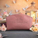 Rom. 8:28 Parisian Blossom full-grain leather makeup bag, Christian scripture gift