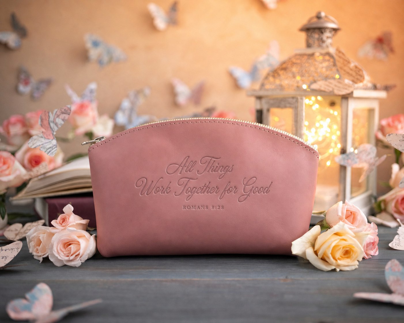 Rom. 8:28 Parisian Blossom full-grain leather makeup bag, Christian scripture gift