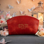 Rom. 8:28 Poppy Red full-grain leather makeup bag, Christian scripture gift
