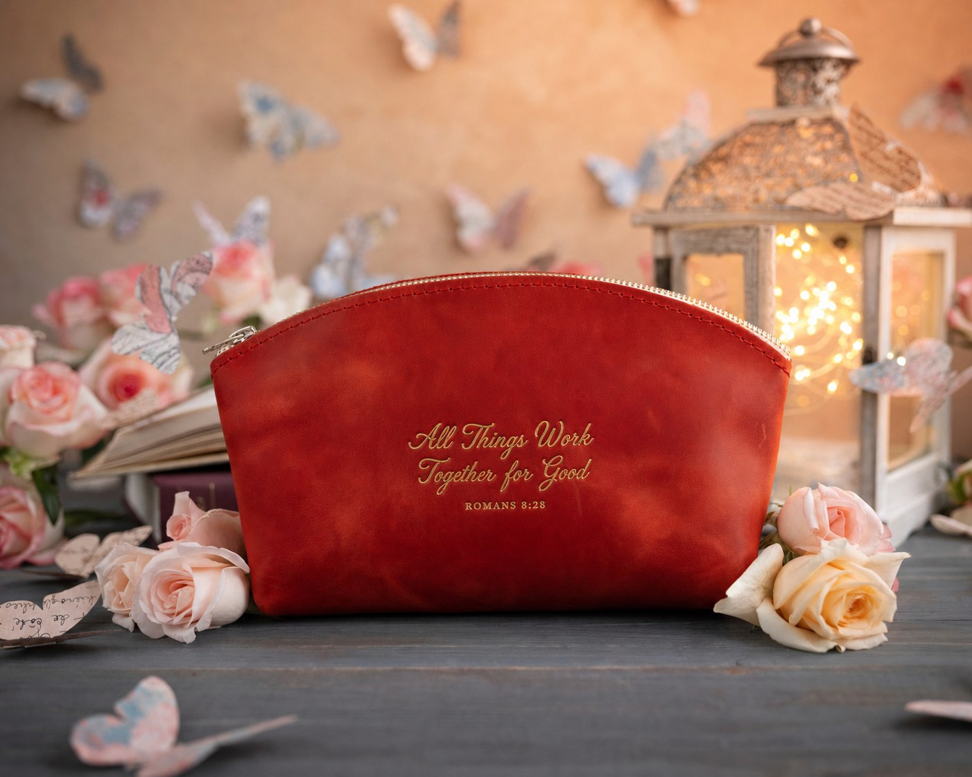Rom. 8:28 Poppy Red full-grain leather makeup bag, Christian scripture gift