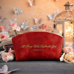 Rom. 8:28 Poppy Red full-grain leather makeup bag, Christian scripture gift
