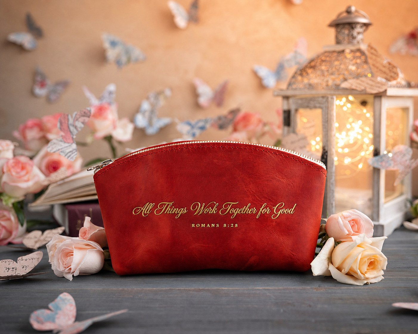 Rom. 8:28 Poppy Red full-grain leather makeup bag, Christian scripture gift