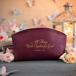 Rom. 8:28 Sangria full-grain leather makeup bag, Christian scripture gift