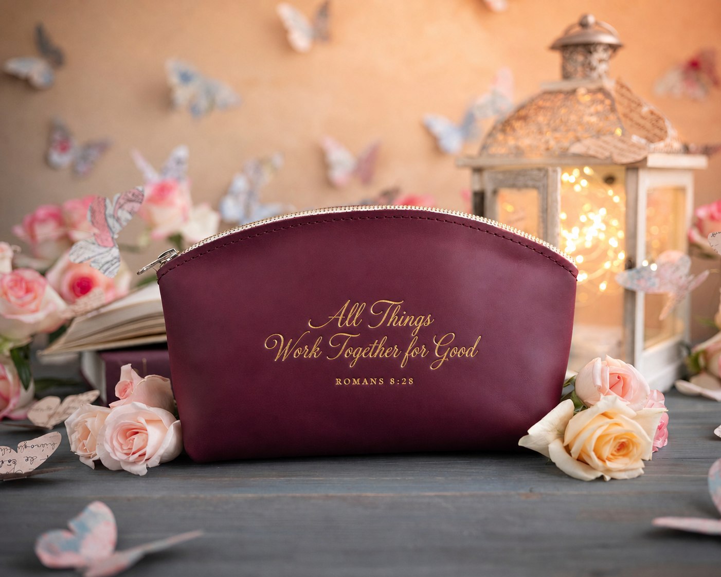 Rom. 8:28 Sangria full-grain leather makeup bag, Christian scripture gift