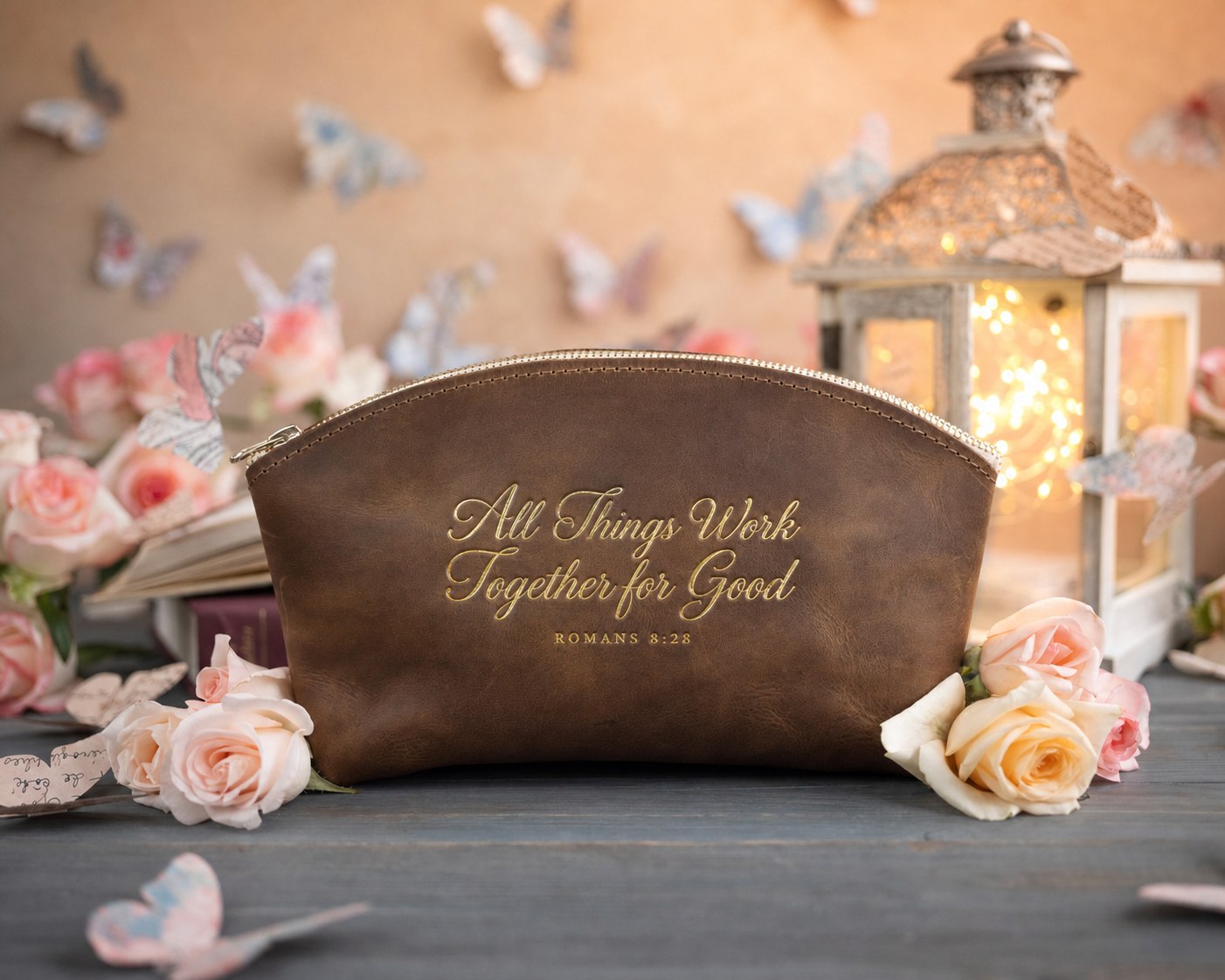 Rom. 8:28 Sicilian Brown full-grain leather makeup bag, Christian scripture gift