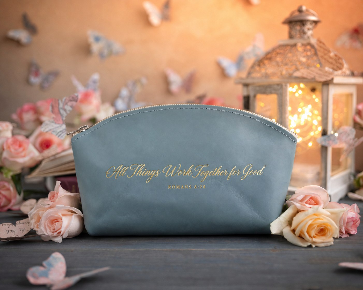 Rom. 8:28 Turquoise full-grain leather makeup bag, Christian scripture gift