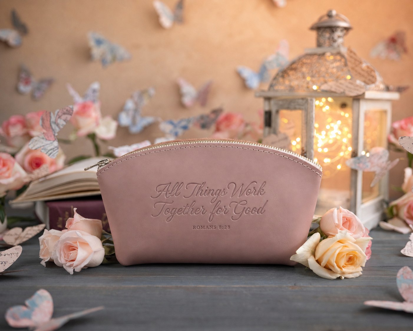 Rom. 8:28 full-grain leather makeup bag, Christian scripture gift