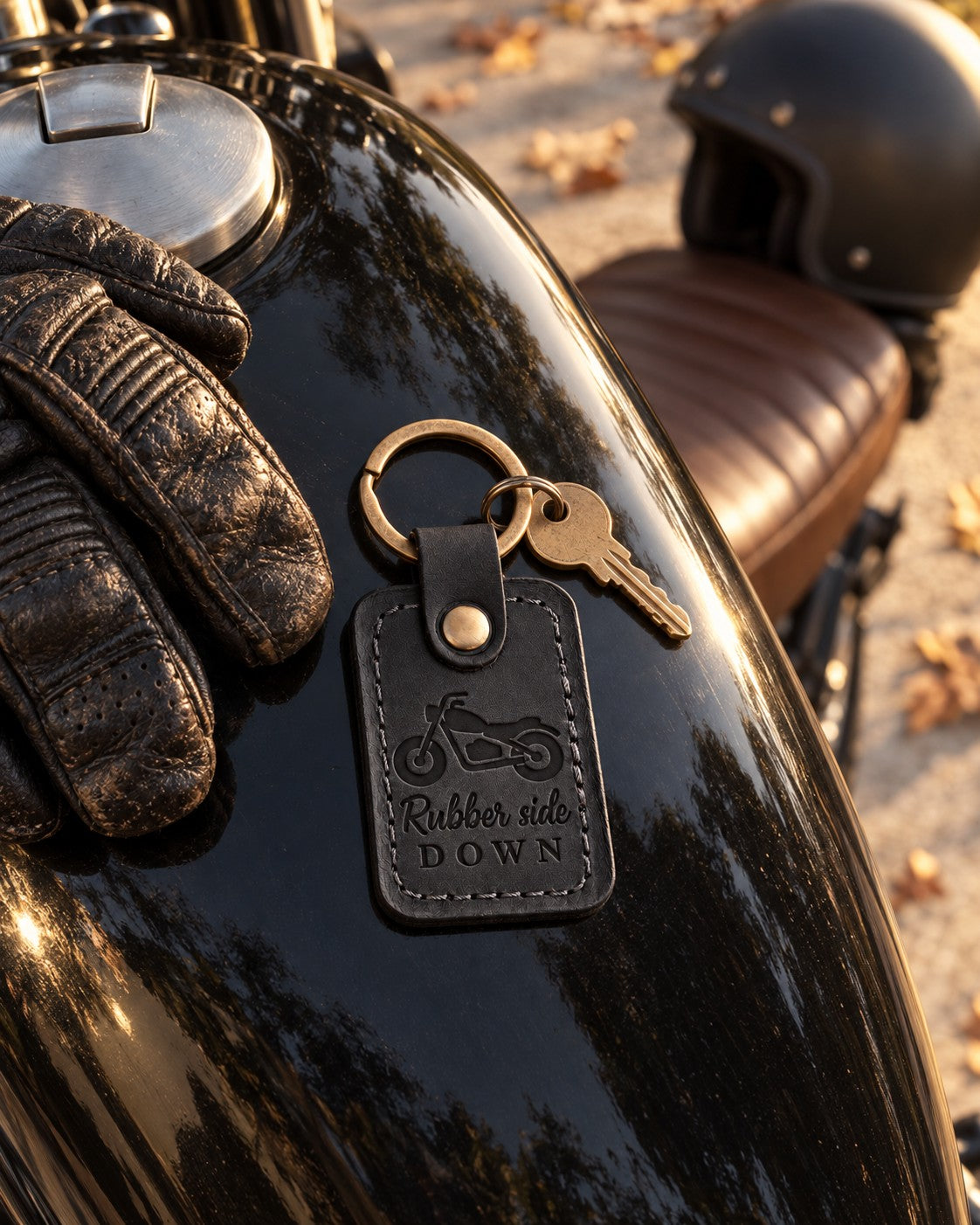 Black Rubber side DOWN motorcycle keychain hanging from the ignition of a parked bike