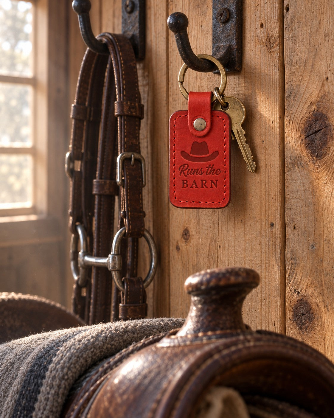 Poppy red Runs the BARN keychain hanging from a forged bridle hook on a pine tack room wall beside a worn headstall